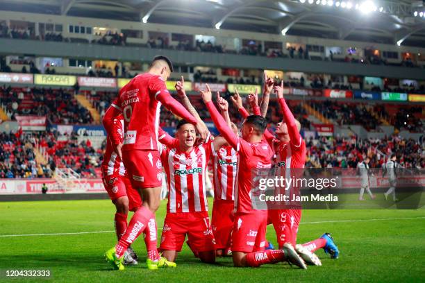 Juan Delgado of Necaxa celebrates after scoring the first goal of his team during the 1st round match between Necaxa and Monterrey as part of the...