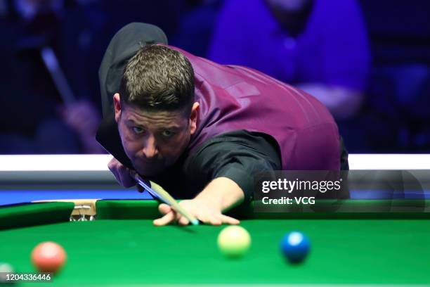 Matthew Stevens of Wales plays a shot during the 2nd round match against Gary Wilson of England on day three of 2020 Coral World Grand Prix at the...