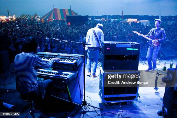 Lee Burgess, Lucas Crowther and Joel Stocker of The Rifles perform on stage during the first day of Y-Not Festival 2011 on August 5, 2011 in Matlock,...
