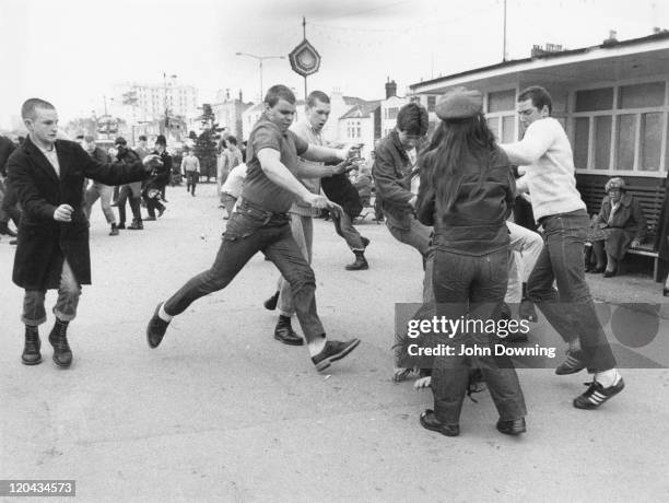 Group of skinheads on the attack in Southend-on-Sea, Essex, 7th April 1980.