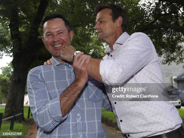 Ricky Ponting and Adam Gilchrist pose during the Cricket Australia Bushfire Cricket Bash Media Opportunity at Cricket Australia HQ on February 06,...