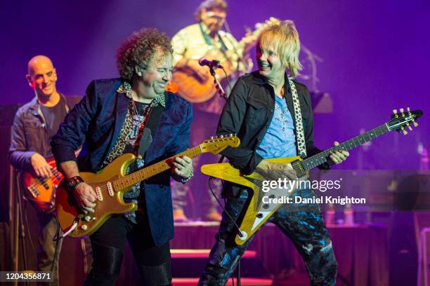 Musicians Guy Erez, Dan Tracey, Alan Parsons, and Jeff Kollman of Alan Parsons Live Project perform on stage at The Magnolia on February 05, 2020 in...