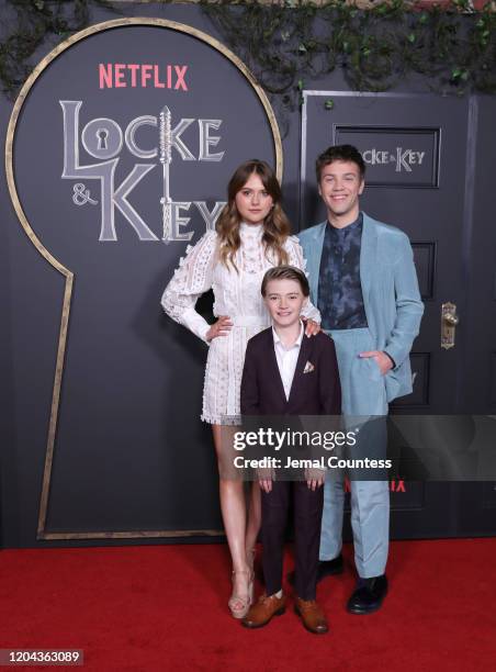 Emilia Jones, Jackson Robert Scott and Connor Jessup attend the "Locke & Key" Series Premiere Photo Call at the Egyptian Theatre on February 05, 2020...