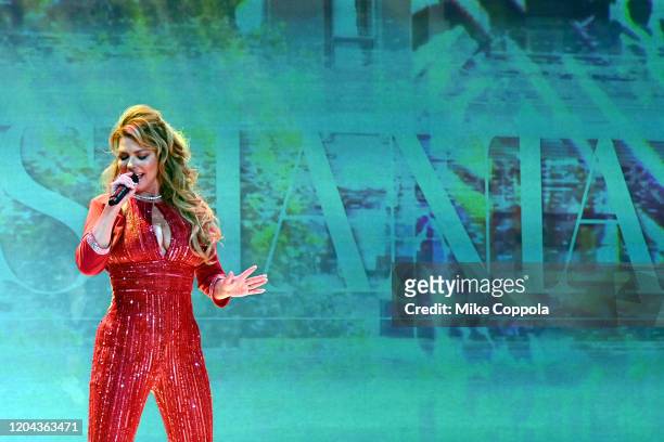 Shania Twain performs on the runway at the American Heart Association's Go Red for Women Red Dress Collection 2020 at Hammerstein Ballroom on...