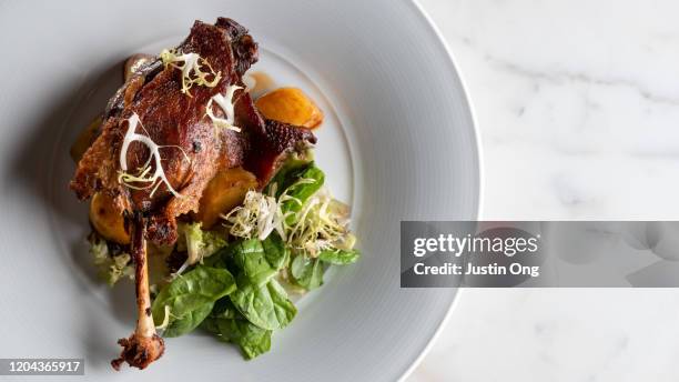 confit duck leg - comida francesa fotografías e imágenes de stock