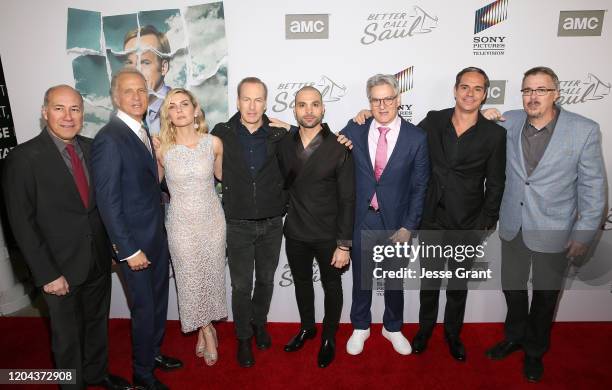 Javier Grajeda, Patrick Fabian, Rhea Seehorn, Bob Odenkirk, Michael Mando, Peter Gould, Tony Dalton and Vince Gilligan attend the premiere of AMC's...