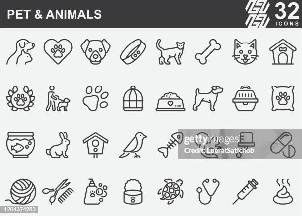 haustier und tiere linie icons - käfig stock-grafiken, -clipart, -cartoons und -symbole