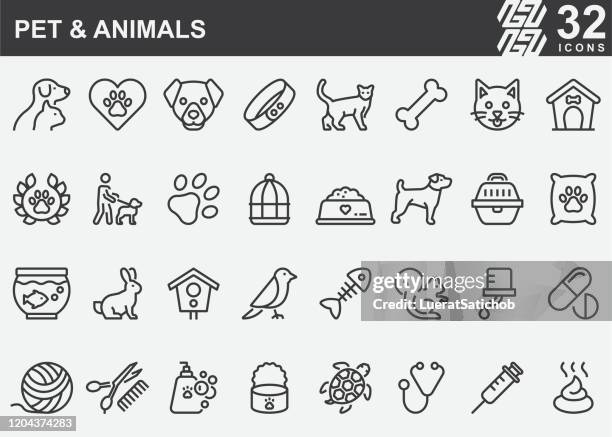 ilustrações de stock, clip art, desenhos animados e ícones de pet and animals line icons - canil equipamento para animal de estimação