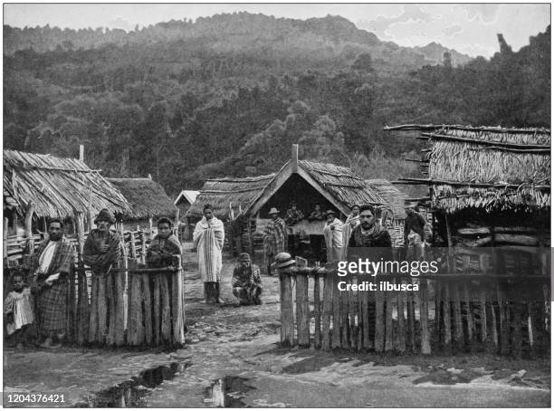 ilustraciones, imágenes clip art, dibujos animados e iconos de stock de fotografía antigua del imperio británico: pueblo maorí koroniti - nueva zelanda