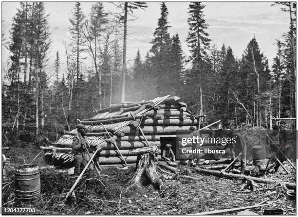 antique photograph of the british empire: sluicer's camp on the nashwaak, canada - archival camping stock illustrations