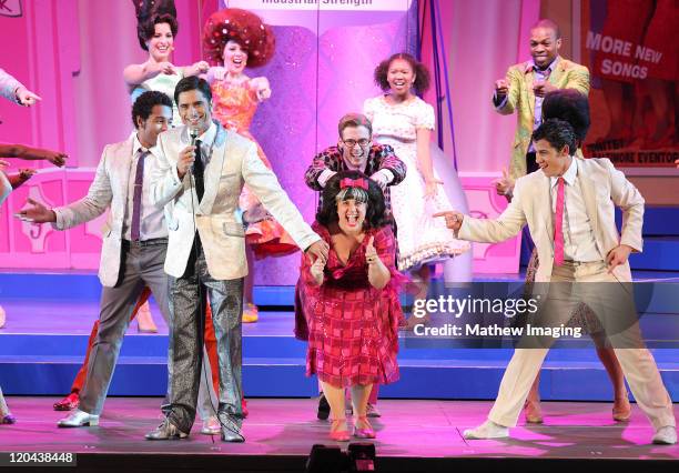 John Stamos, Marissa Jaret Winokur and Nick Jonas perform Hairspray onstage at the Hollywood Bowl on August 5, 2011 in Hollywood, California.