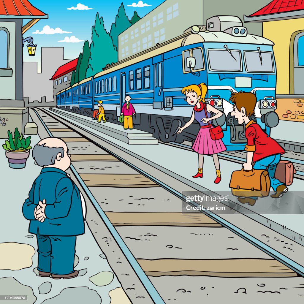 Getting A Train Railroad Station People Get On A Train From Platforms High-Res Vector ...