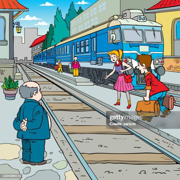 railroad station. people get on a train from platforms. - outdoor train platform stock illustrations