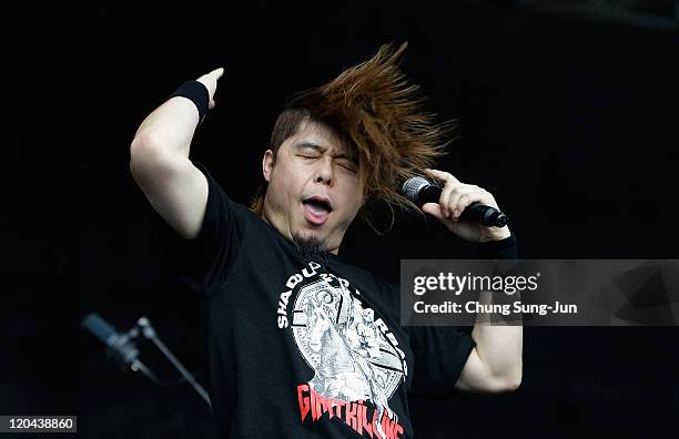 Daisuke Han of Maximum The Hormone performs on stage during the day two of the 2011 Pentaport Rock Festival on August 6, 2011 in Incheon, South Korea.
