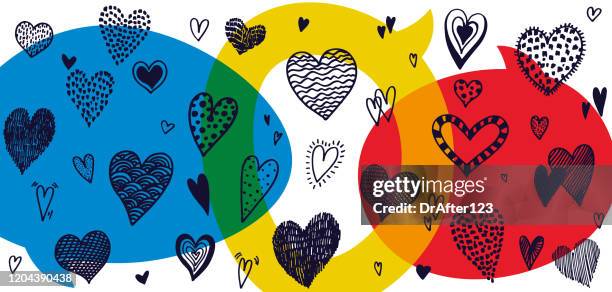 different hearts doodles placed on overprinted speech bubbles - text bubble dots stock illustrations