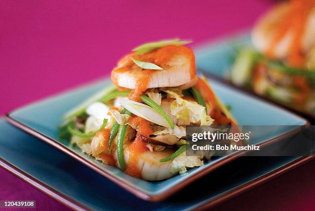 seared sea scallops - square plate stock pictures, royalty-free photos & images