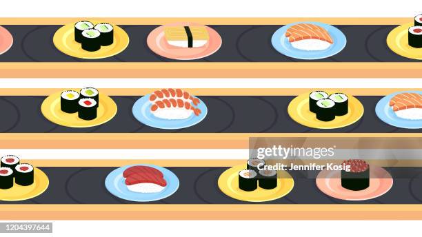 stockillustraties, clipart, cartoons en iconen met sushi transportbanden met een verscheidenheid aan verschillende sushi - buffet