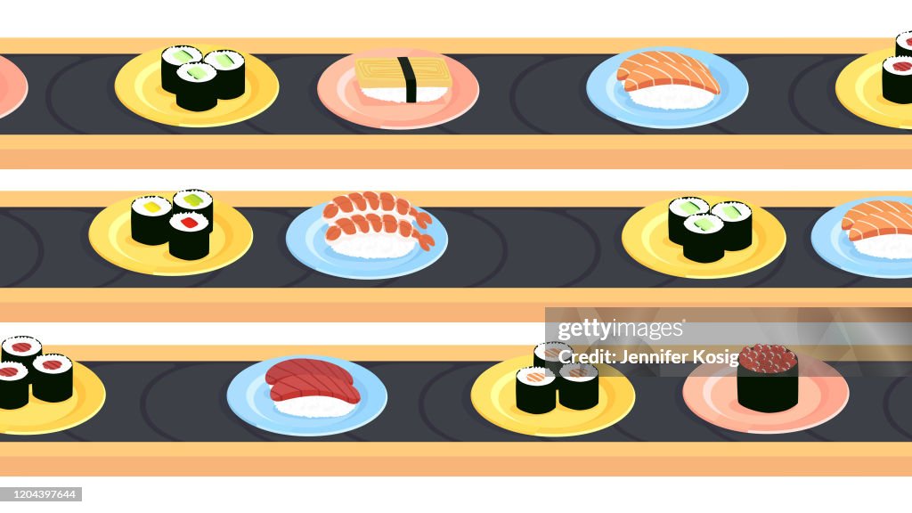Sushi conveyer belts with a variety of different sushi