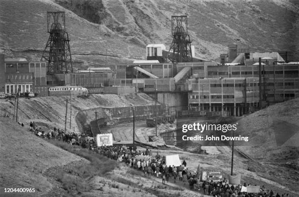 Striking mine workers during the miners’ strike picket the Maerdy Colliery, one of the last working mines in the south Wales valleys, in Maerdy,...