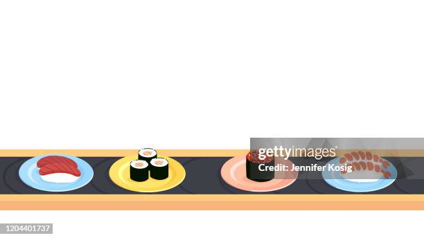 sushi conveyer belt with a variety of different sushi - hosomaki stock illustrations