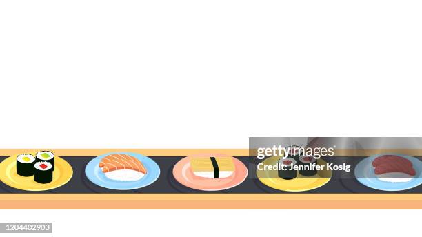 stockillustraties, clipart, cartoons en iconen met sushi transportband met een verscheidenheid aan verschillende sushi - lopende band