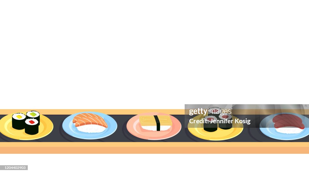 Sushi conveyer belt with a variety of different sushi