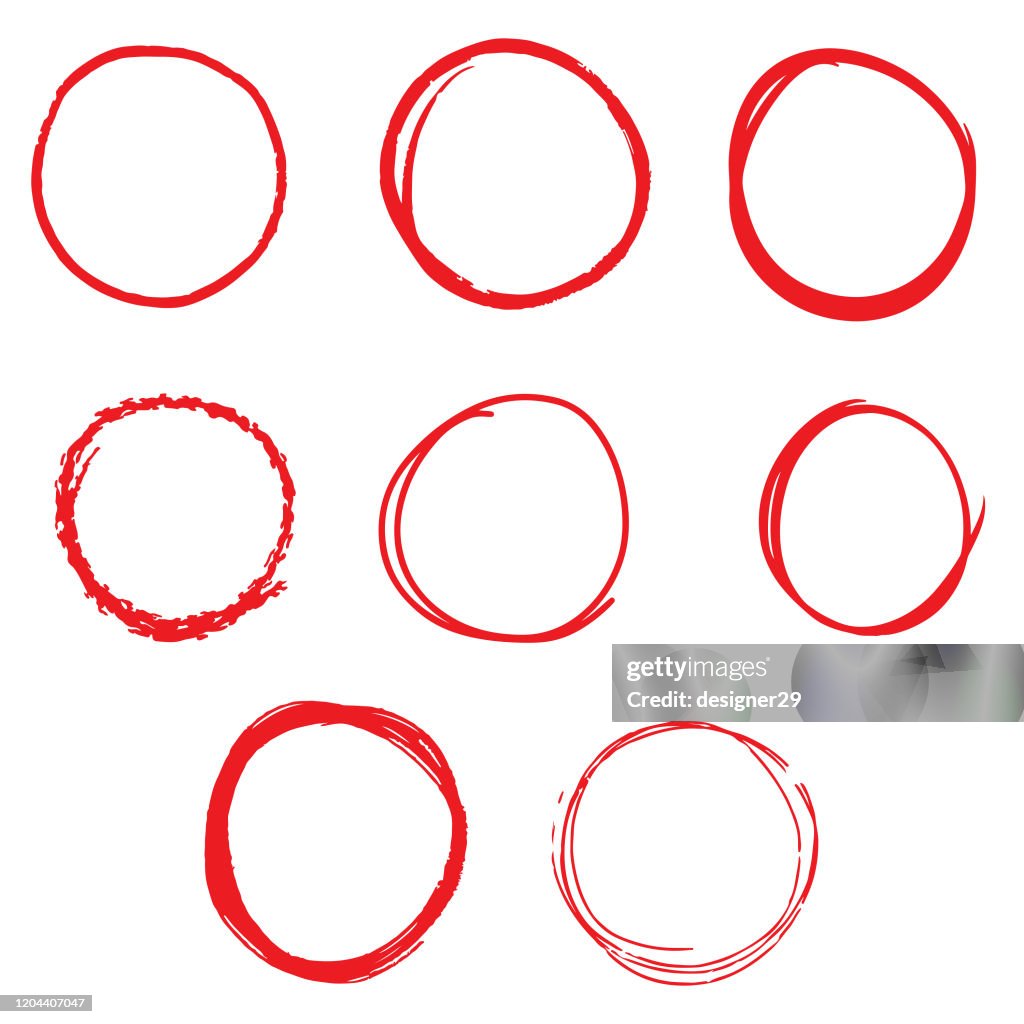 Hand Drawn Line Sketch Red Circle Set on White Background Vector Design.
