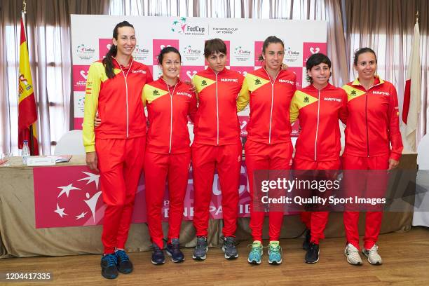 Players of Spain pose during the Official Draw ahead of the 2020 Fed Cup Qualifier between Spain and Japan at Centro de Tenis La Manga Club on...