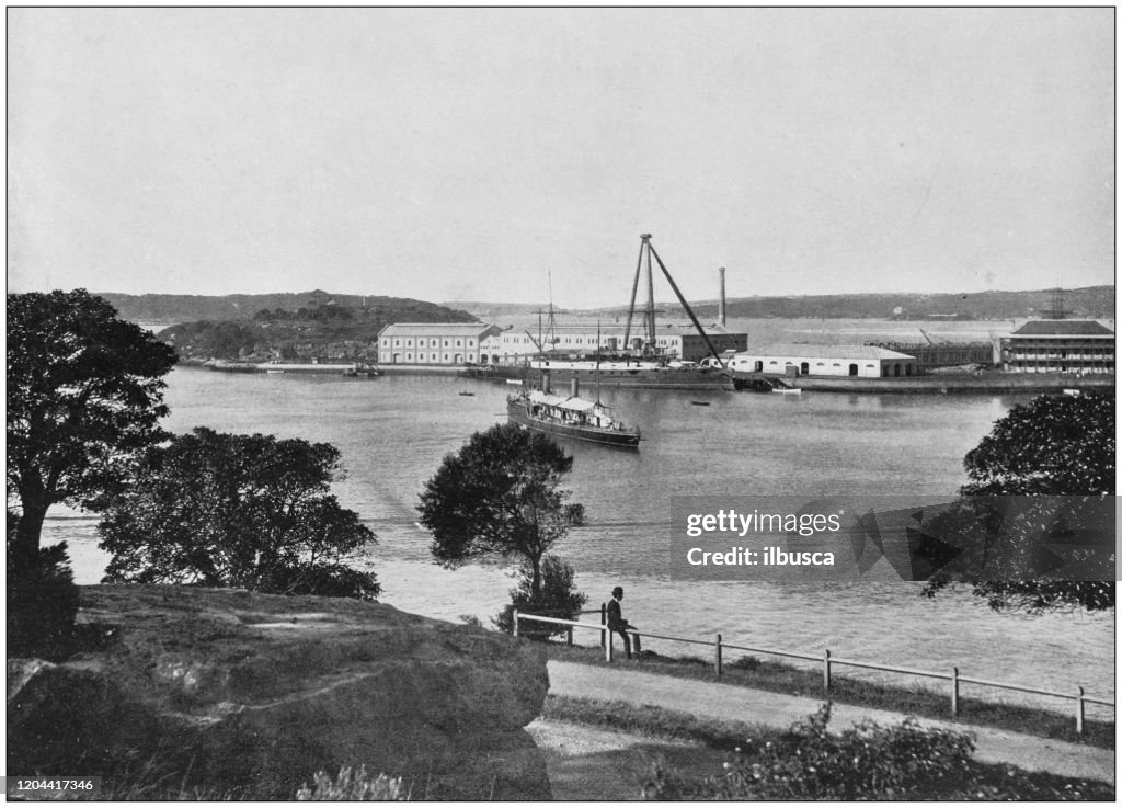 Antique photograph of the British Empire: Royal Naval Depot, Garden Island, Sydney Harbour