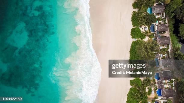 paradise beach und wellen von oben - wasserrand stock-fotos und bilder