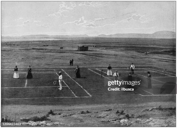 ilustraciones, imágenes clip art, dibujos animados e iconos de stock de fotografía antigua del imperio británico: tenis en el karroo, sudáfrica - siglo xix