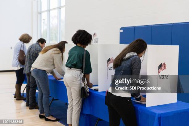 multi-ethnic group votes at voting booths - local de votação imagens e fotografias de stock