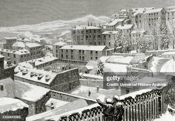 Spain, Madrid. The snowfall. Panoramic view taken from the viaduct in Segovia street. Engraving. La Ilustracion Espanola y Americana. January 22,...