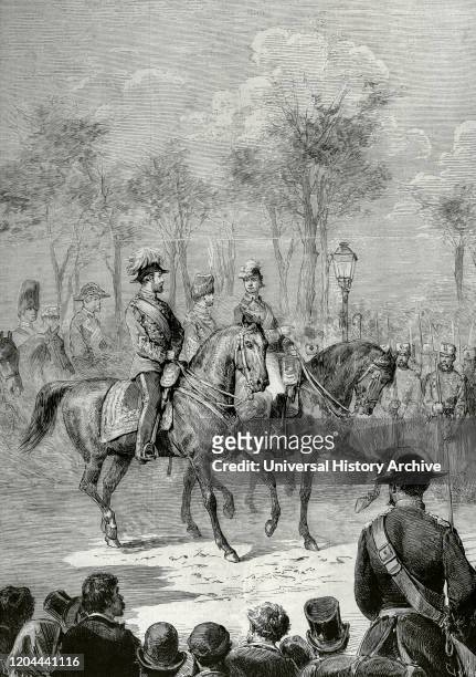 Visit of the Prince of Wales to Spain. Madrid. Prince Albert Edward , future Edward VII, and King Alfonso XII of Spain reviewing the troops at an...