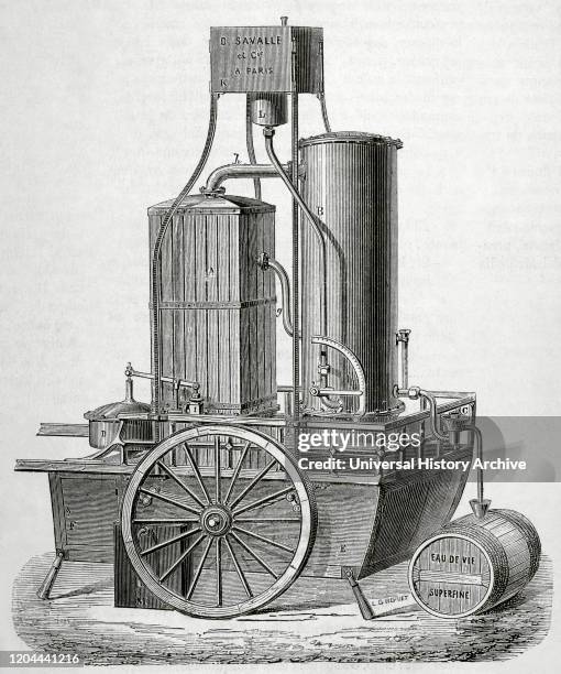 Locomobile. Traction engine for the distillation of wines, built by M. Savalle. It worked by steam. This model could produce 160 hectoliters of wine....