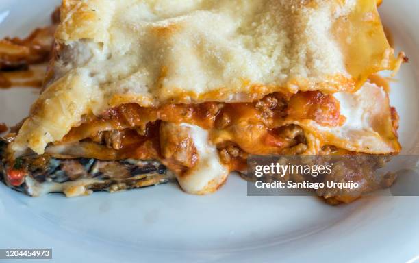 close-up of plate of lasagna - lasagna stock pictures, royalty-free photos & images