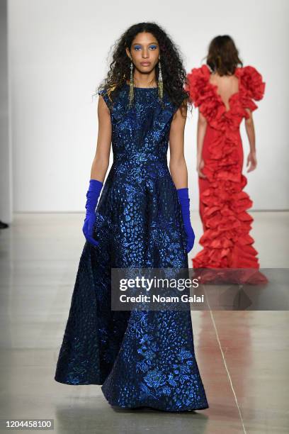 Model walks the runway for Tadashi Shoji during New York Fashion Week: The Shows at Gallery II at Spring Studios on February 06, 2020 in New York...