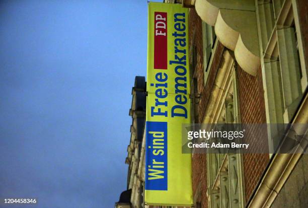 The building holding the headquarters of the German Free Democrats is seen the day after elections in the state of Thuringia, on February 6, 2020 in...