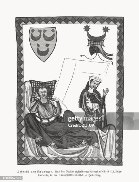 illustrazioni stock, clip art, cartoni animati e icone di tendenza di heinrich von morungen (codex manesse, c. 1300), facsimile, xilografia, 1897 - menestrello-persona