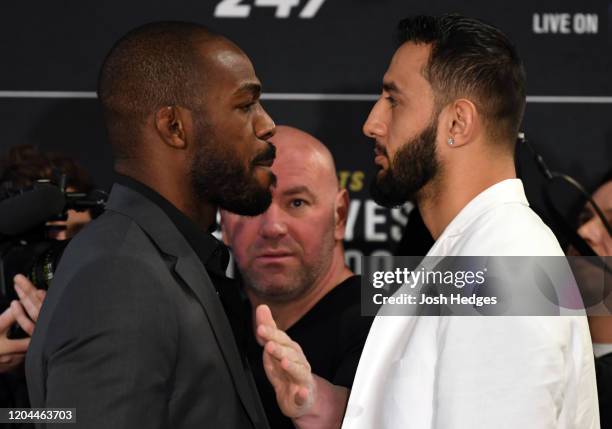 Opponents Jon Jones and Dominick Reyes face off during the UFC 247 Ultimate Media Day at the Crowne Plaza Houston River Oaks on February 06, 2020 in...