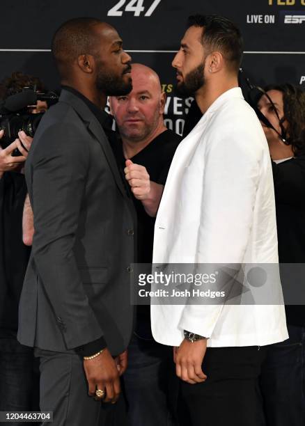 Opponents Jon Jones and Dominick Reyes face off during the UFC 247 Ultimate Media Day at the Crowne Plaza Houston River Oaks on February 06, 2020 in...