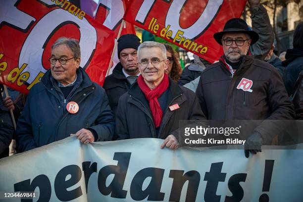 Yves Veyrier, the General Secretary of the Force Ouvrière Union, as he takes part in a demonstration as thousands take to the streets on the 9th...