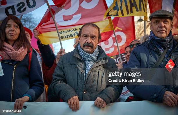Philippe Martinez, the General Secretary of the CGT Union, the General Confederation of Labour, as he takes part in a demonstration as thousands take...