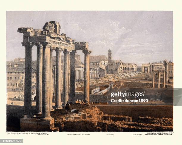 view of ruins of ancient rome, temple of saturn, colosseum - capitol rome stock illustrations