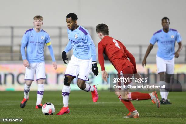 Jayden Braaf of Manchester City on the ball during the FA Youth Cup: Fifth Round match between Manchester City and Fulham FC at The Academy Stadium...