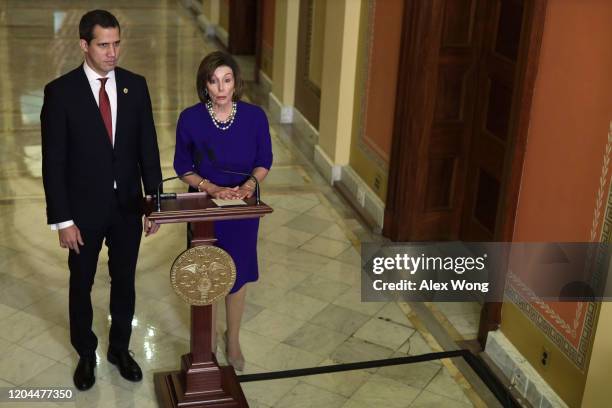 Speaker of the House Rep. Nancy Pelosi and Venezuelan opposition leader Juan Guaido speak to members of the media prior to their meeting at the U.S....