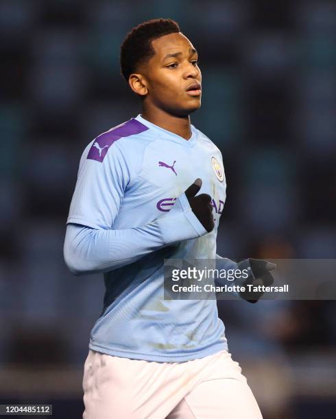 Jayden Braaf of Manchester City reacts during the FA Youth Cup: Fifth Round match between Manchester City and Fulham FC at The Academy Stadium on...