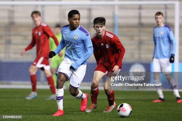 Jayden Braaf of Manchester City on the ball during the FA Youth Cup: Fifth Round match between Manchester City and Fulham FC at The Academy Stadium...
