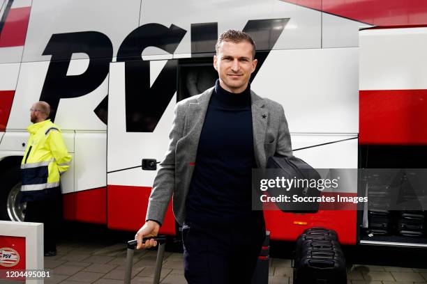 Daniel Schwaab of PSV arrives with the players bus during the Dutch Eredivisie match between PSV v Feyenoord at the Philips Stadium on March 1, 2020...