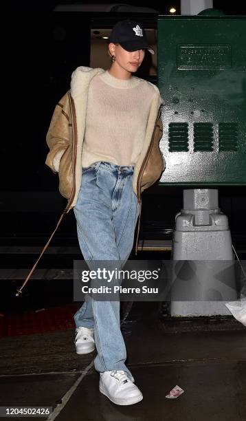 Hailey Bieber is seen leaving a restaurant on February 06, 2020 in New York City.